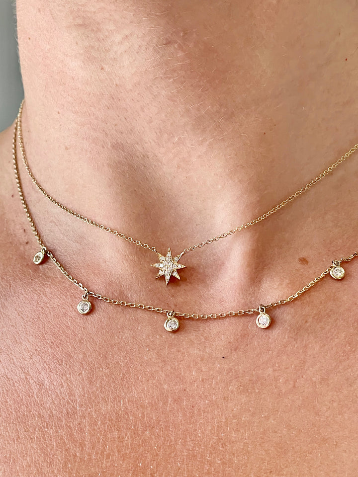 14K Diamond Dangle Station Necklace layered with another necklace
