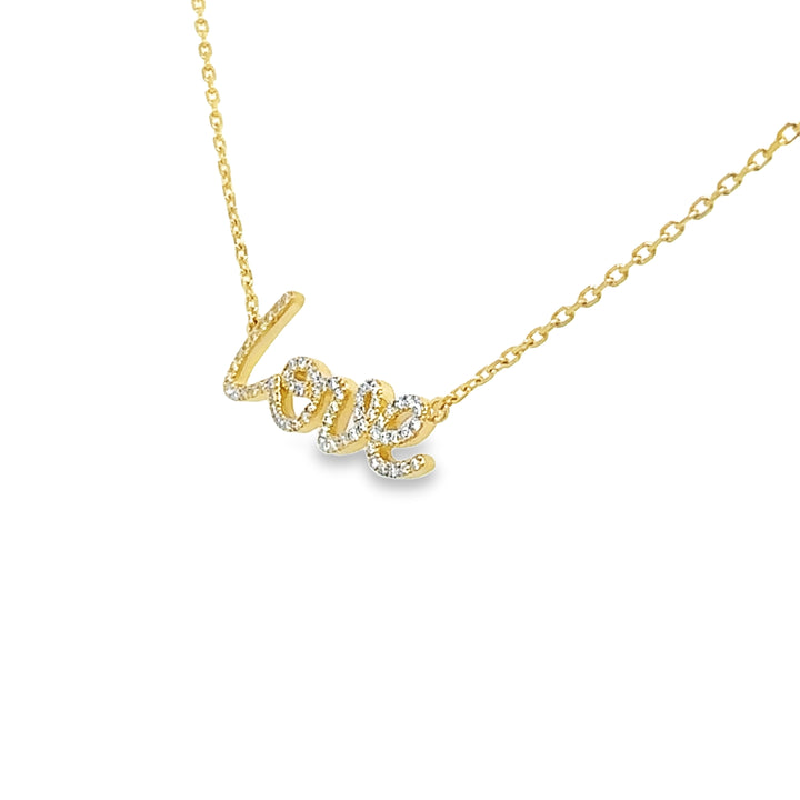 script "love" necklace in 14 karat yellow gold, set with natural diamonds