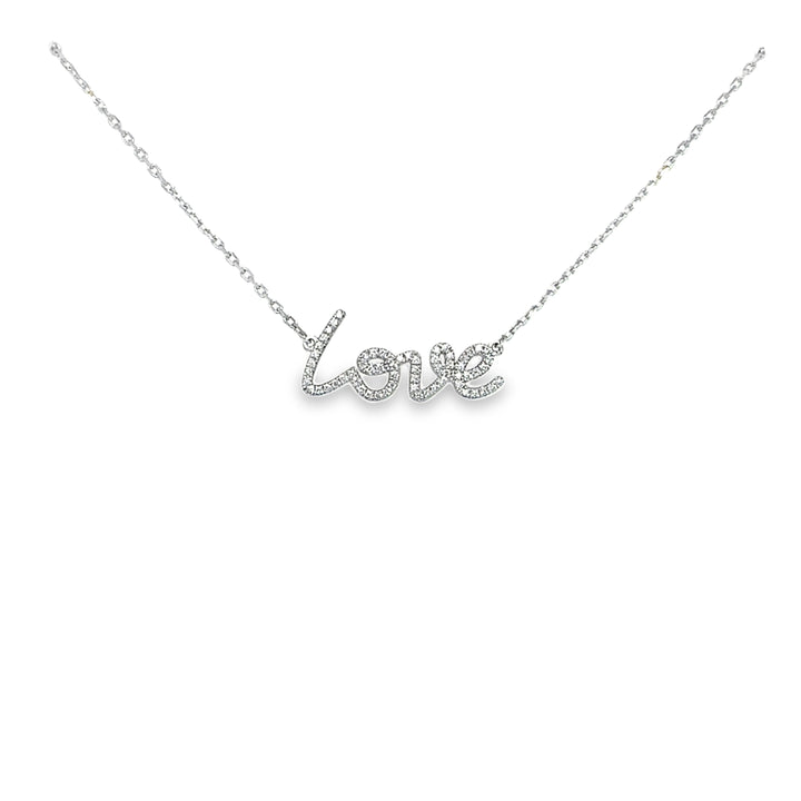 script "love" necklace in 14 karat white gold, set with natural diamonds