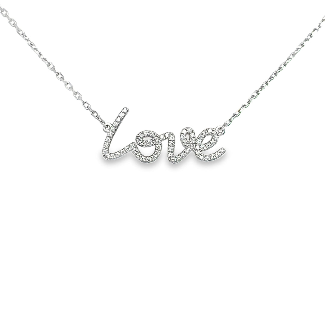 script "love" necklace in 14 karat white gold, set with natural diamonds