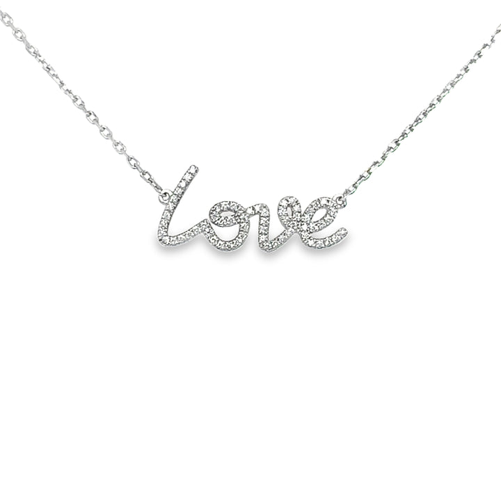 script "love" necklace in 14 karat white gold, set with natural diamonds