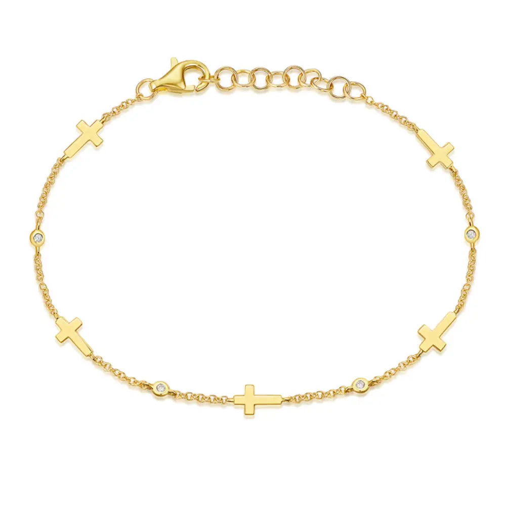 14K Station Gold Cross & Bezel Diamond Bracelet
