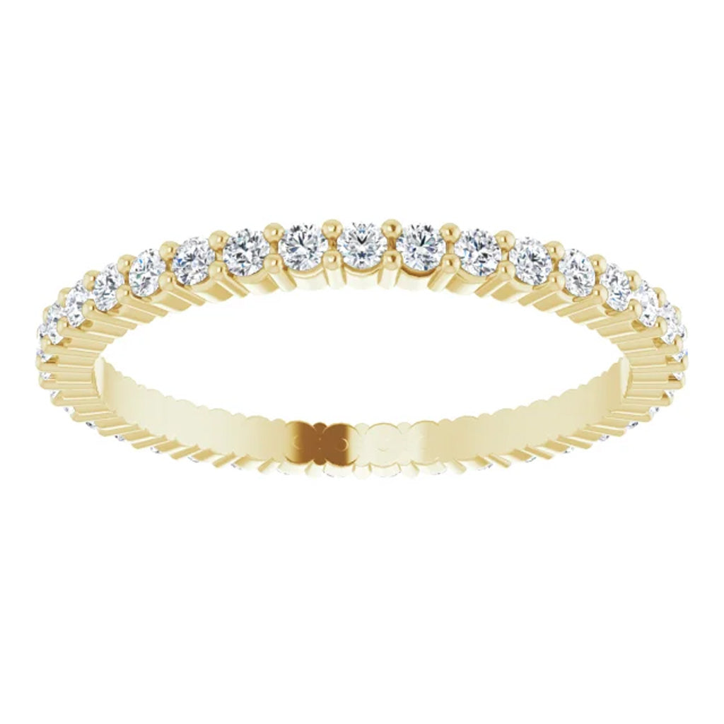 image of 14K yellow lab-grown diamond eternity wedding band set with common prongs
