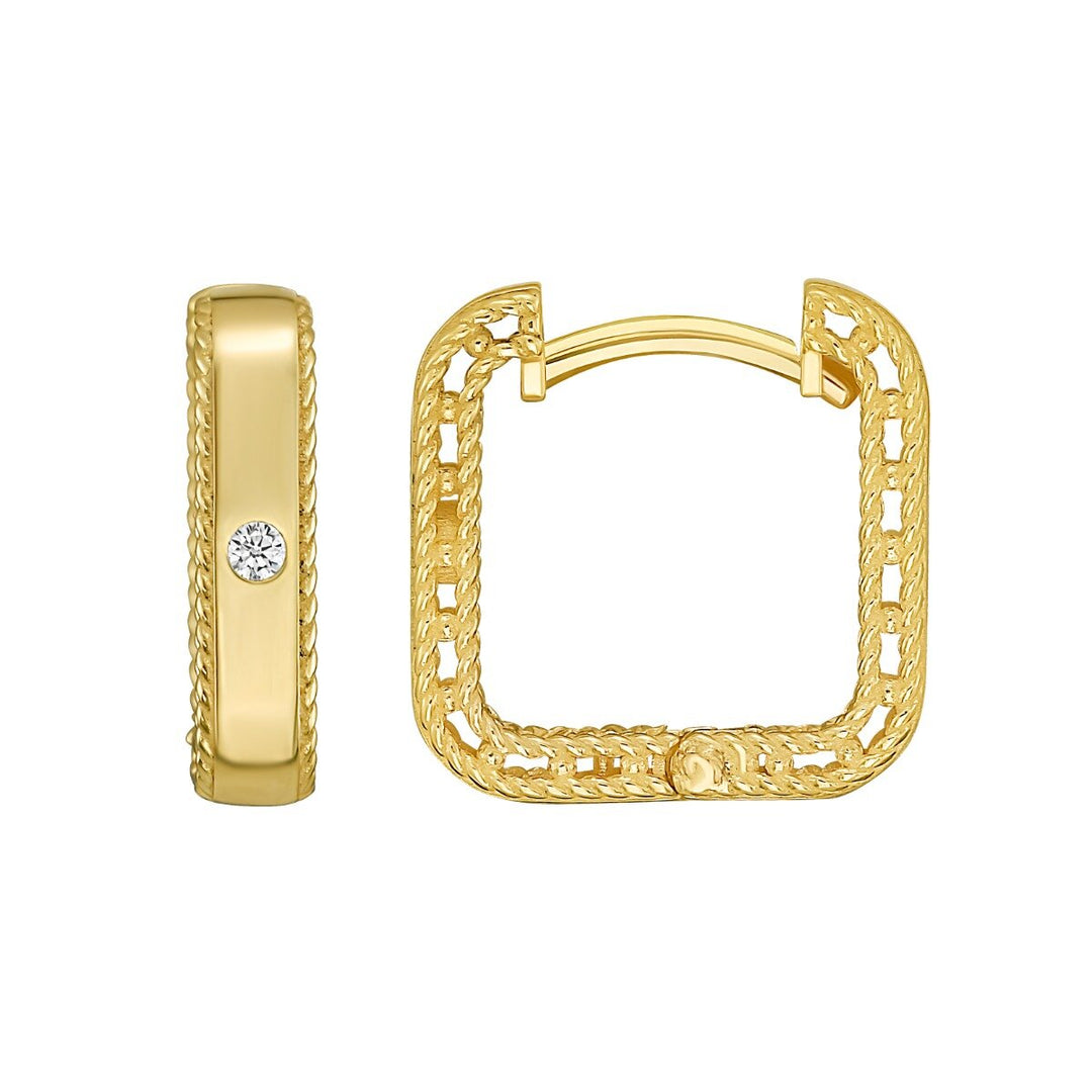 14K Diamond Square Huggie Earrings, front view