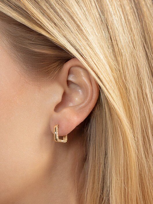 14K Diamond Square Huggie Earrings, view 4