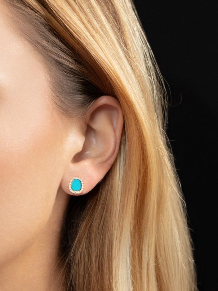 14K Diamond &amp; Turquoise Freeform Cushion Earrings, view 4