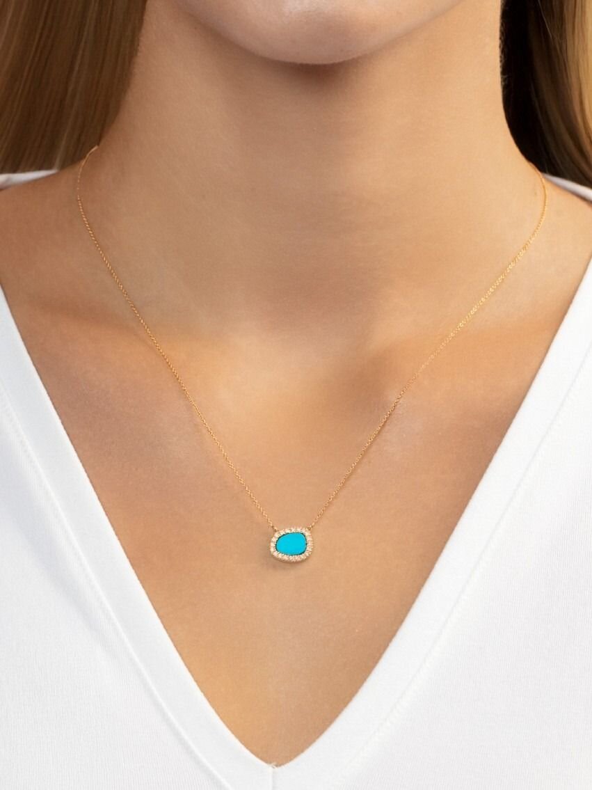 14K Diamond &amp; Turquoise Freeform Cushion Necklace, view 5