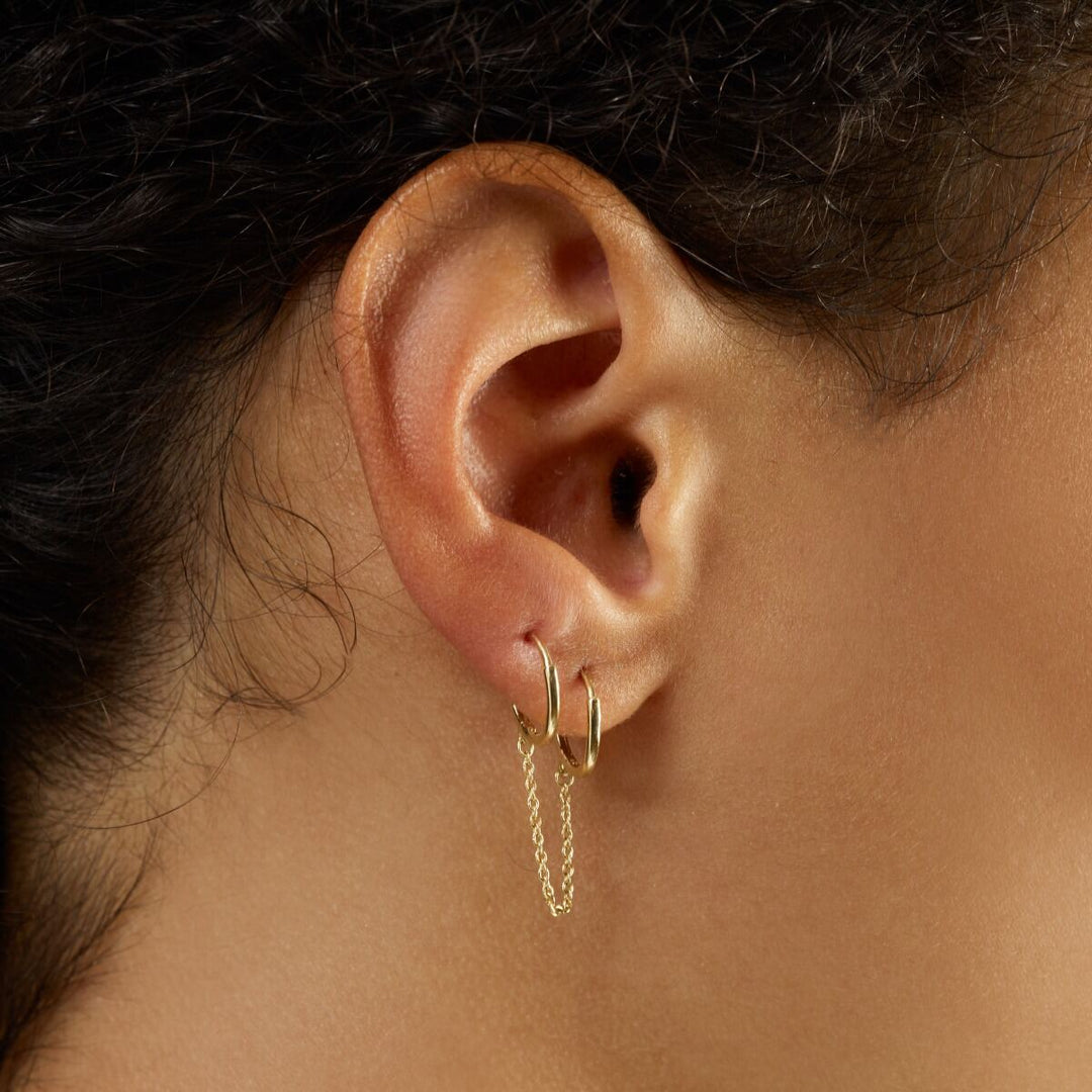 14K Double Pierced Chain Huggies, view 2