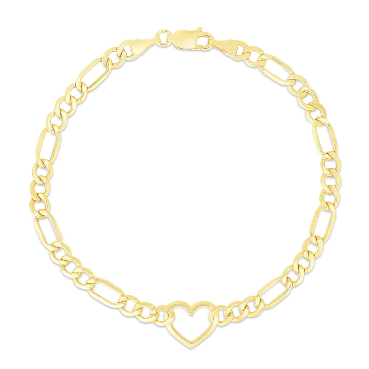 14K Heart Figaro Chain Bracelet, front view