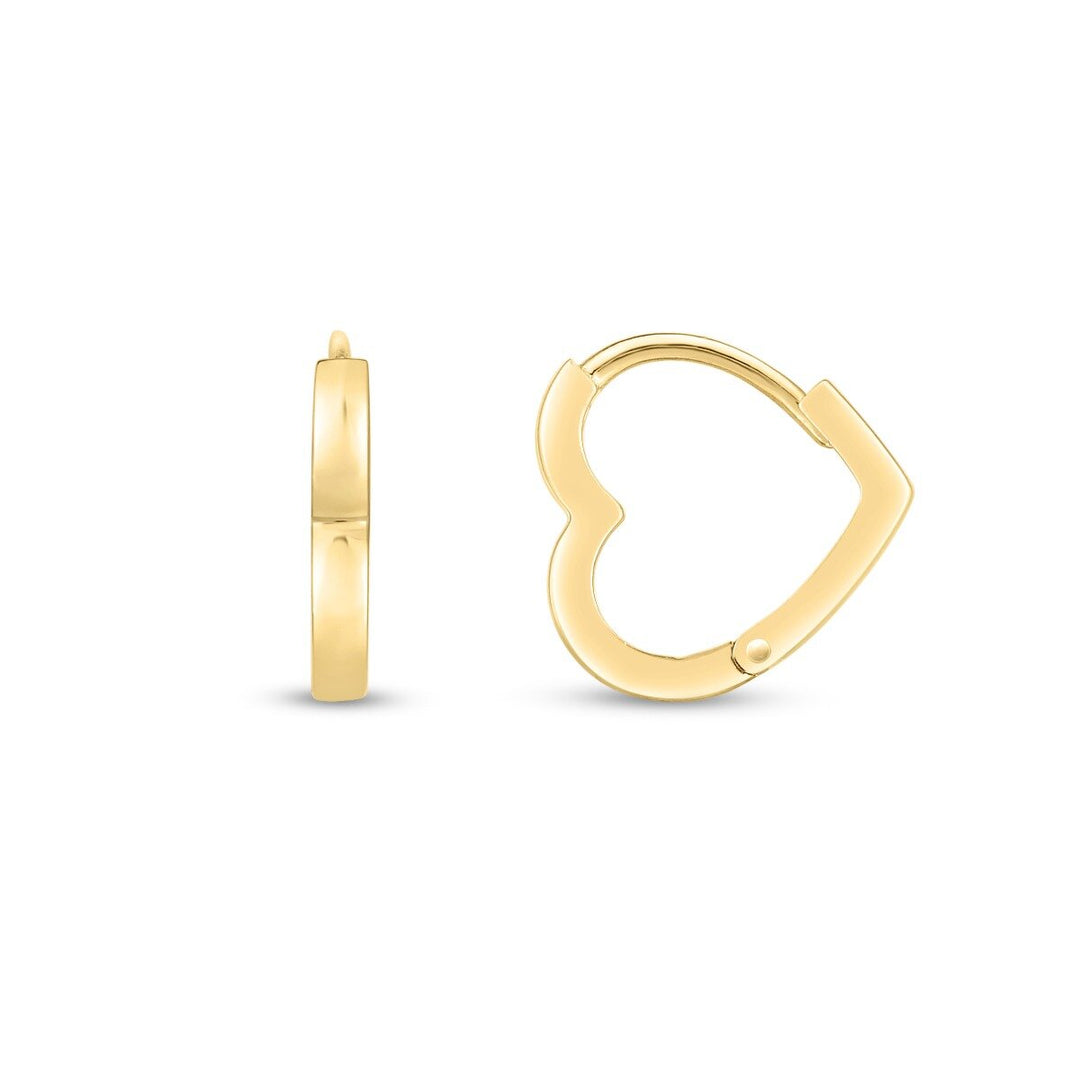 14K Heart Huggie Hoops, front view