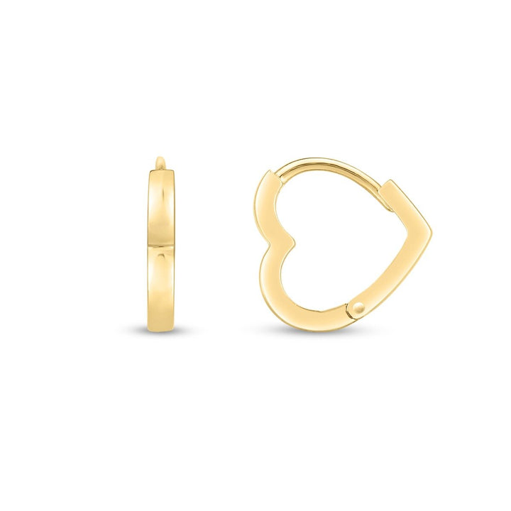 14K Heart Huggie Hoops, front view