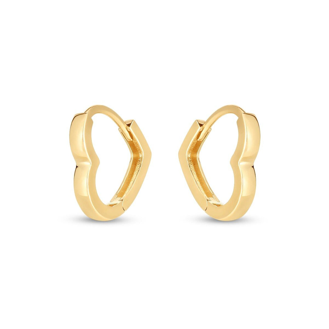 14K Heart Huggie Hoops, view 2