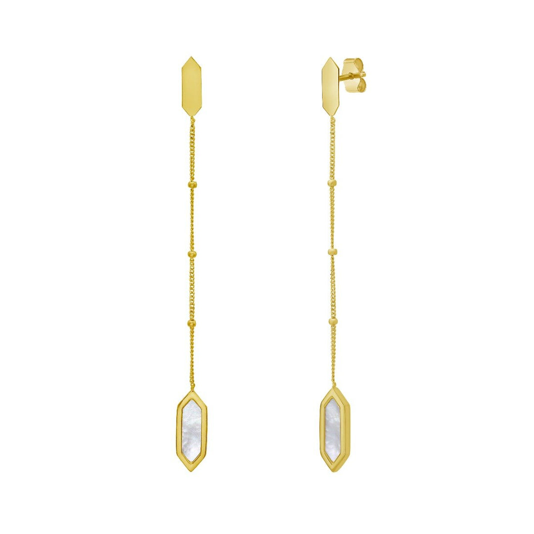 14K Hexagon Mother of Pearl Drop Earrings, front view