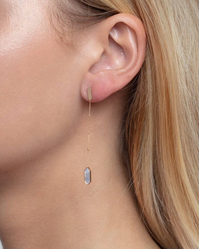 14K Hexagon Mother of Pearl Drop Earrings, view 2