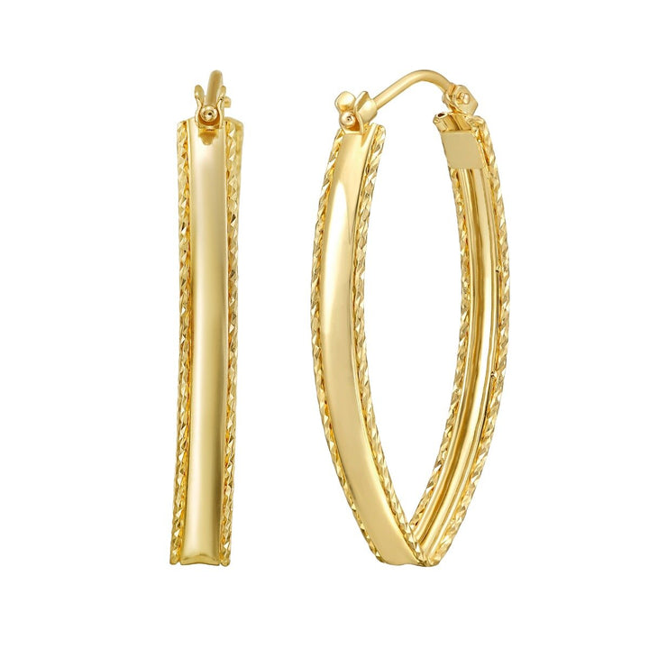 14K Large Diamond Cut Marquise Hoop Earrings, view 2