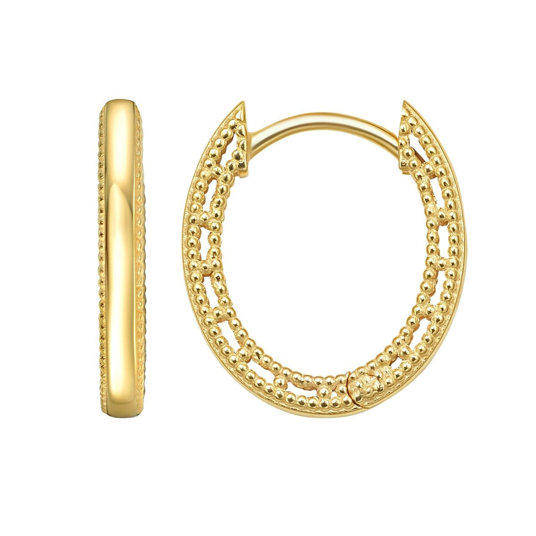 14K Mini Beaded Oval Huggie Earrings, front view