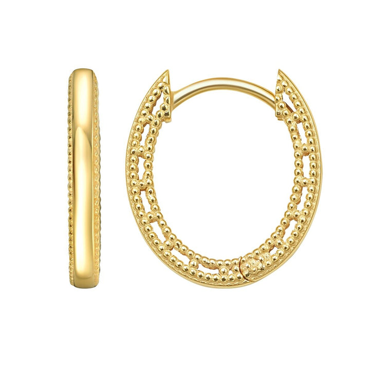 14K Mini Beaded Oval Huggie Earrings, front view