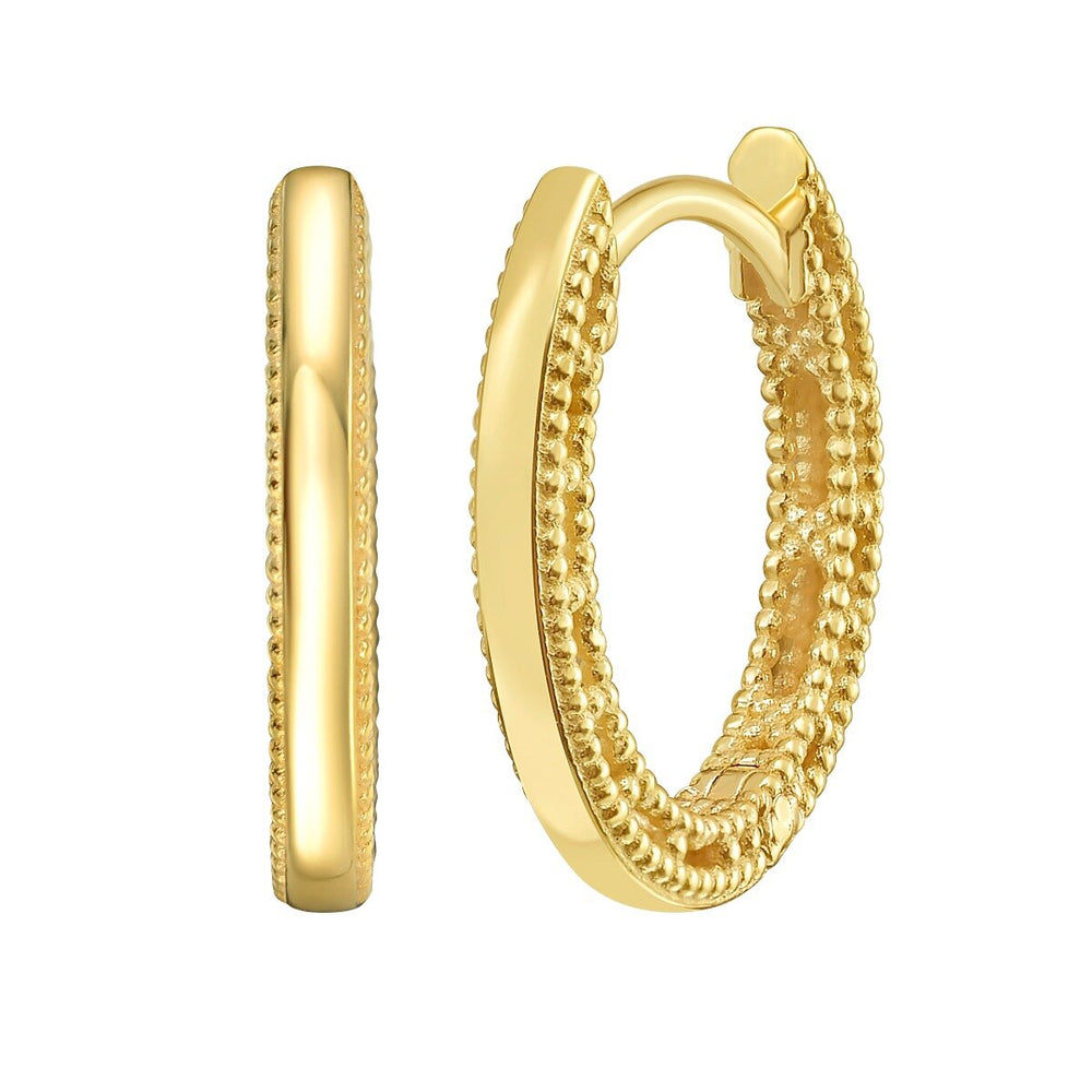 14K Mini Beaded Oval Huggie Earrings, view 2