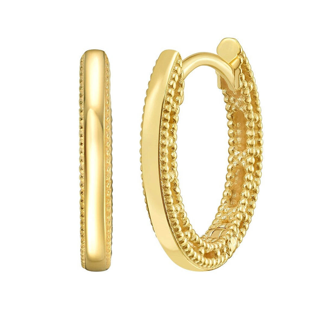 14K Mini Beaded Oval Huggie Earrings, view 2