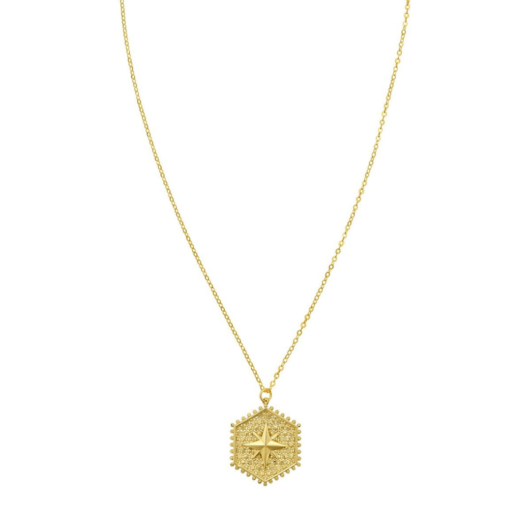 14K North Star Hexagon Necklace, front view