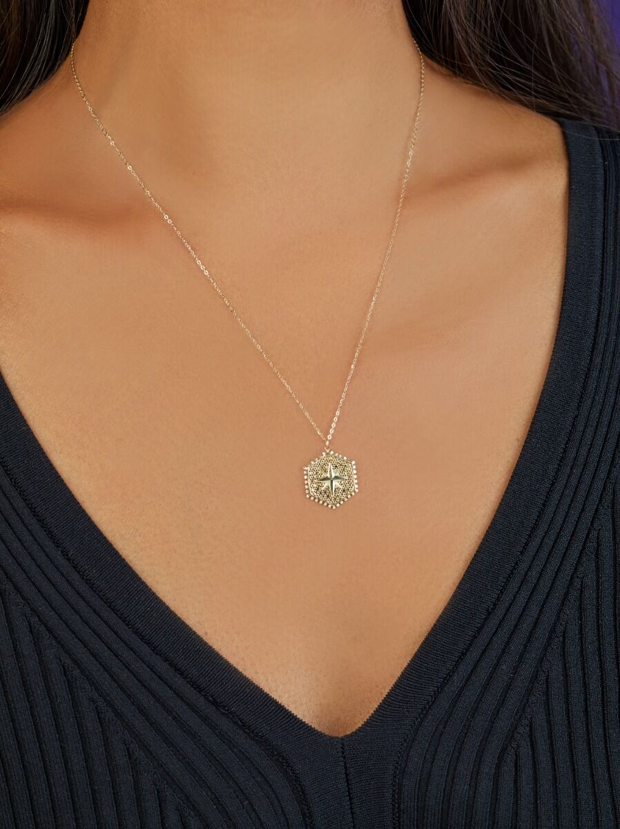 14K North Star Hexagon Necklace, view 3