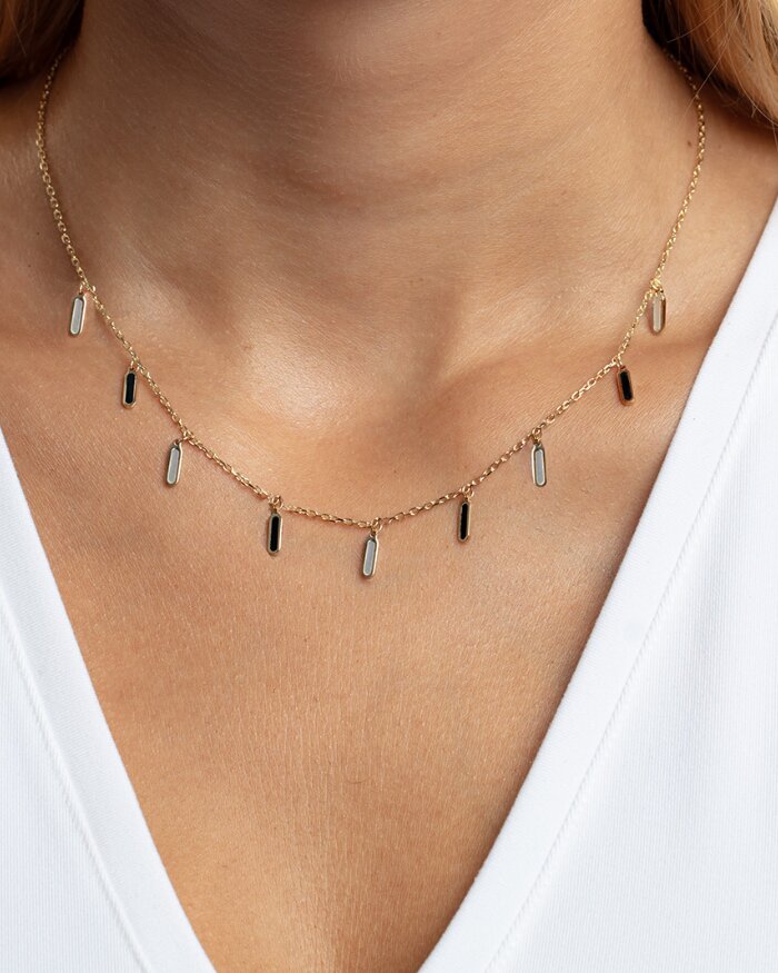 14K Onyx & MOP Inlay Station Necklace, view 2