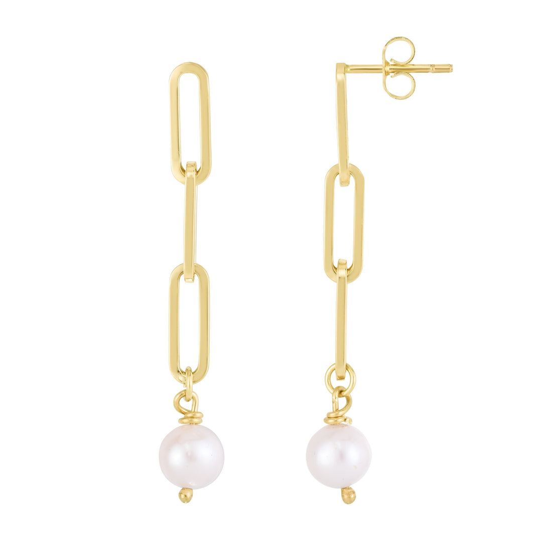 14K Pearl Paperclip Link Earrings, front view