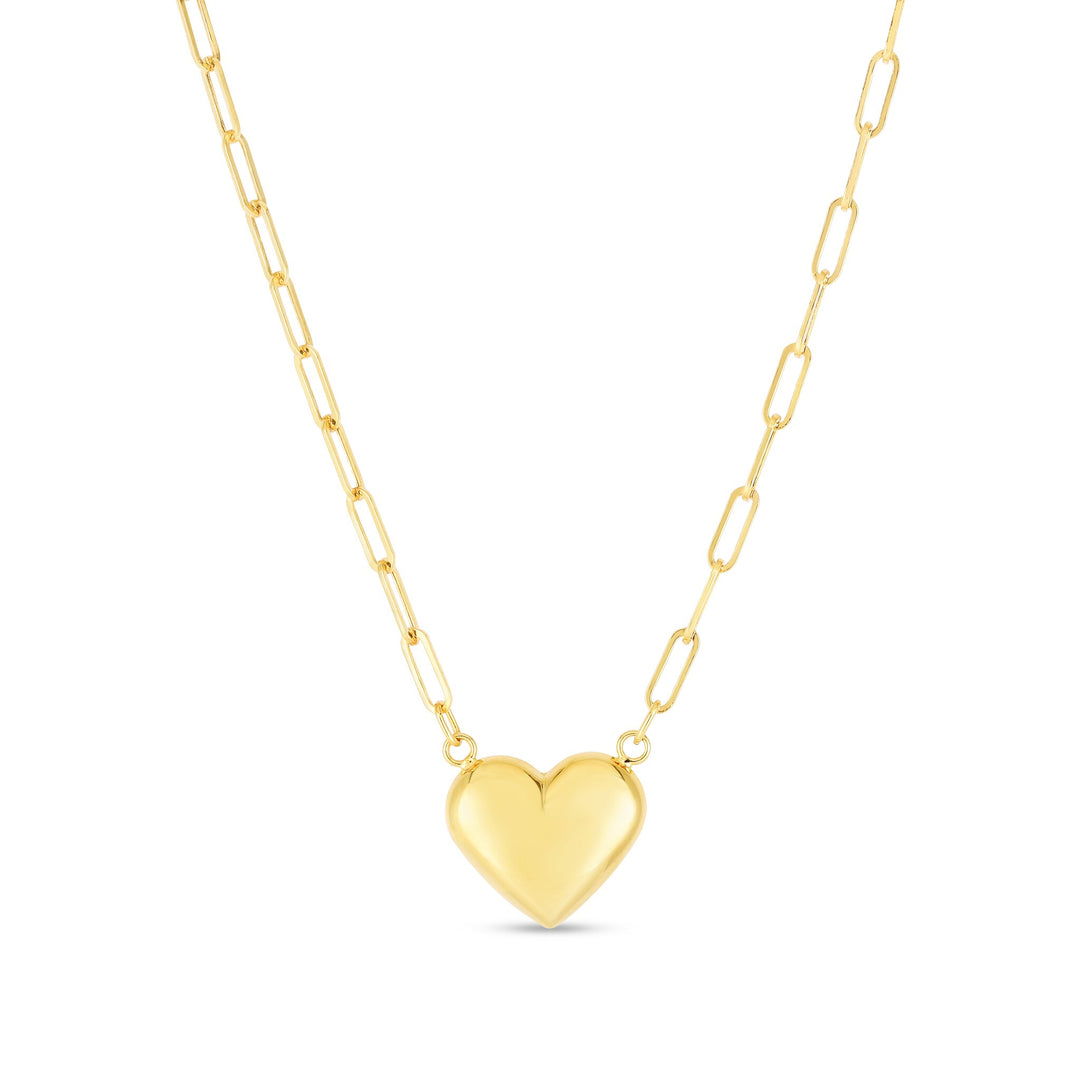 14K Puffed Heart Paperclip Necklace, front view