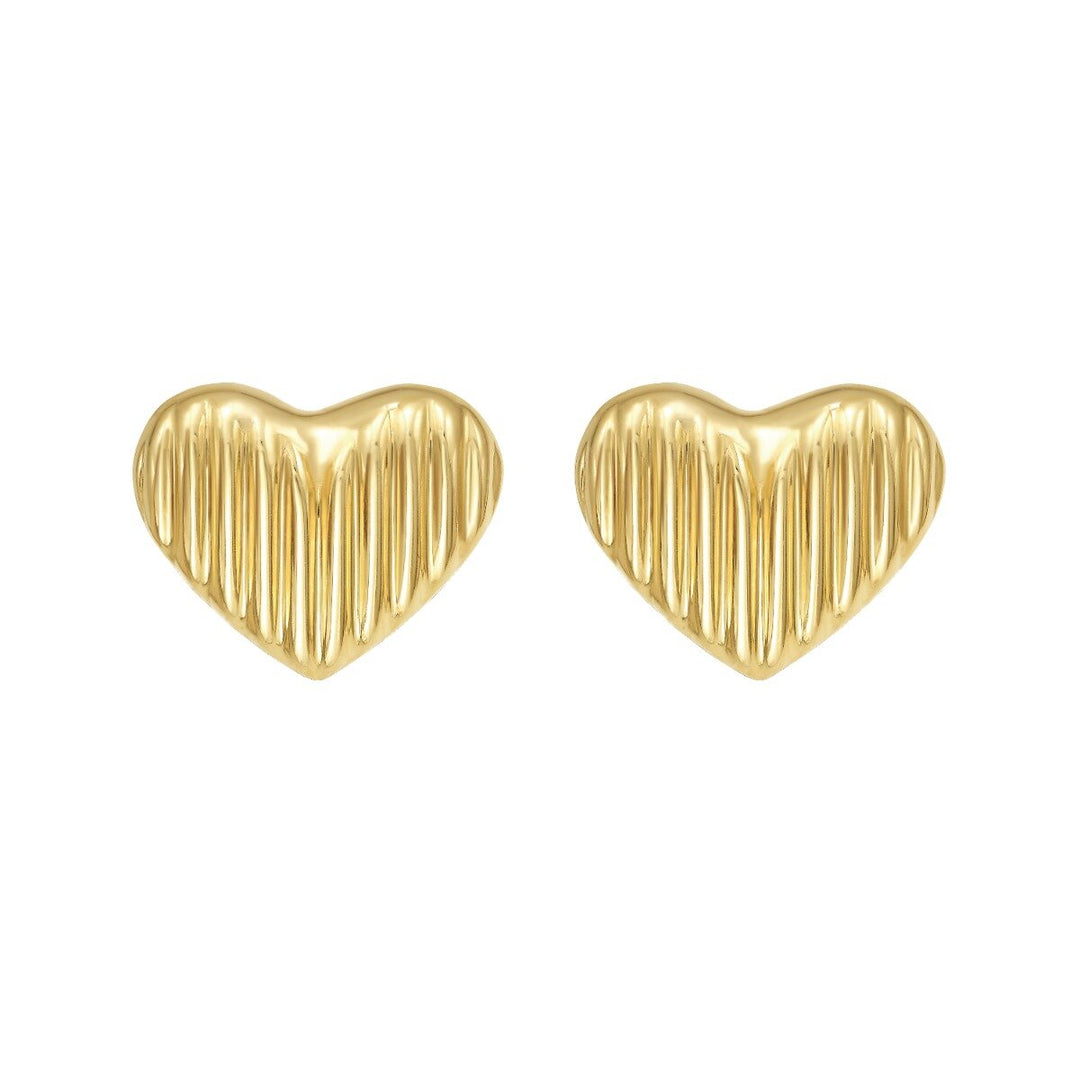 14K Puffy Ridged Heart Studs, front view
