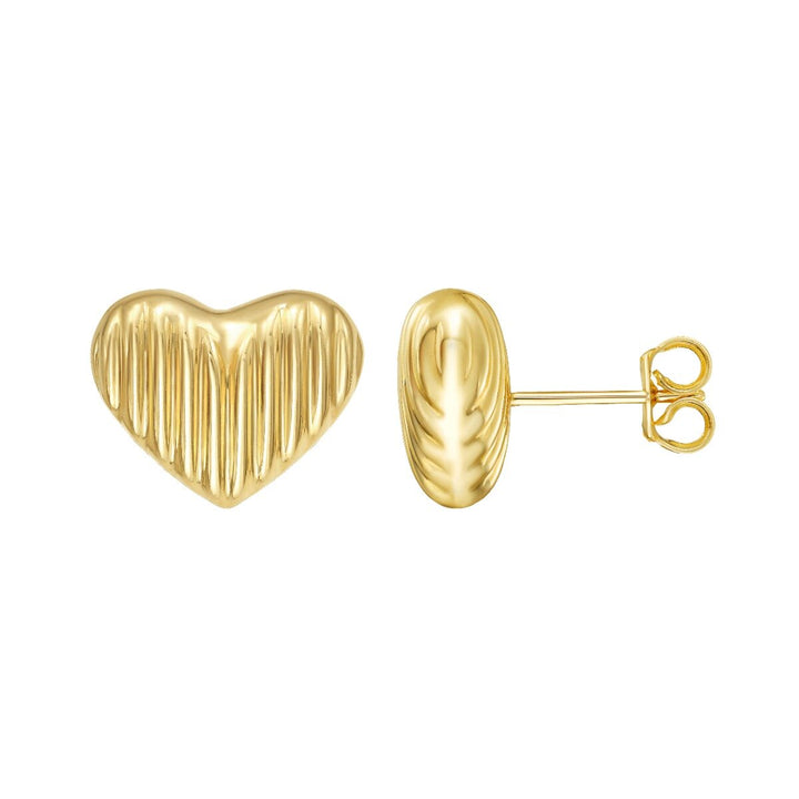 14K Puffy Ridged Heart Studs, view 2