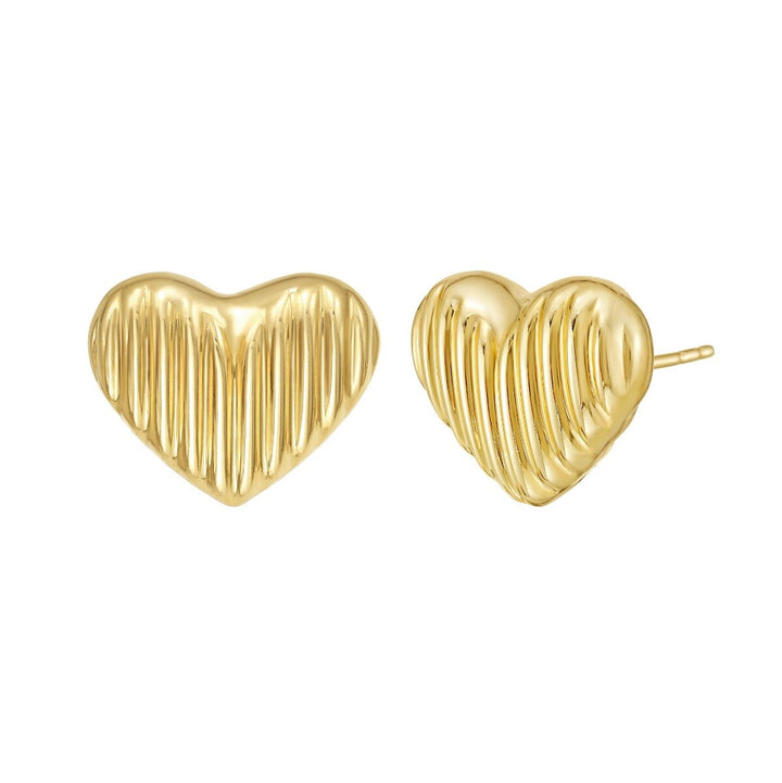 14K Puffy Ridged Heart Studs, view 3