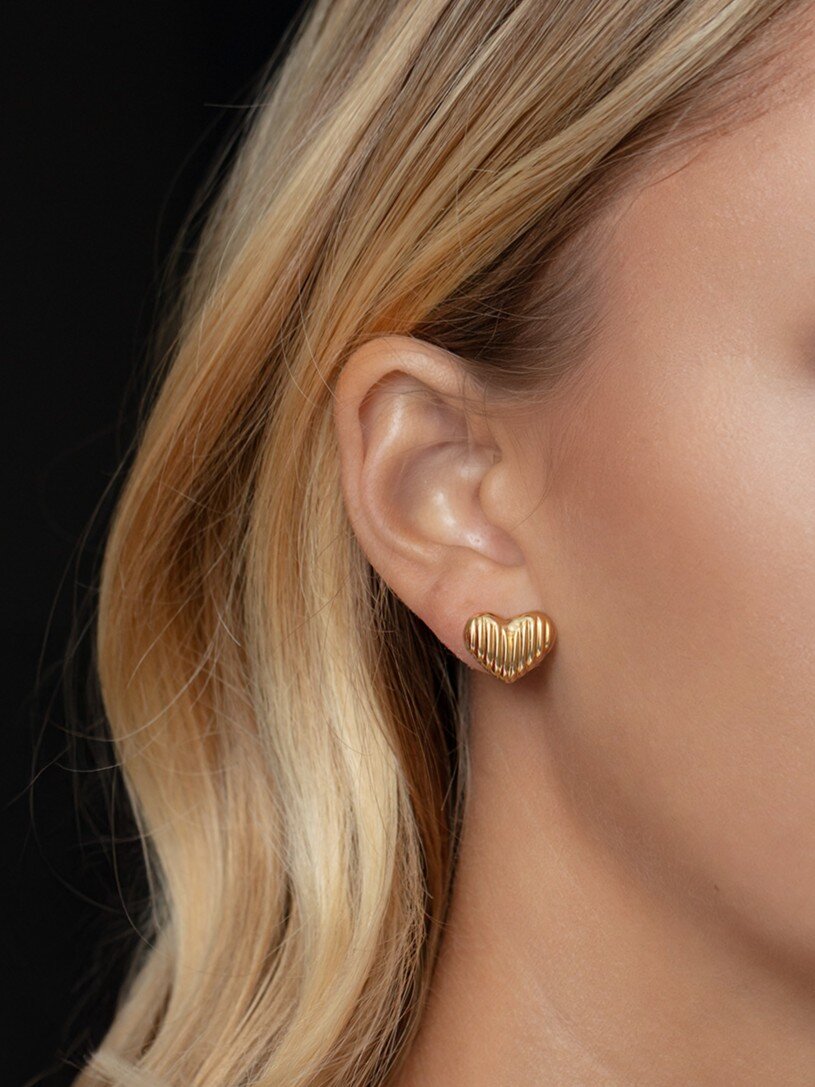 14K Puffy Ridged Heart Studs, view 4