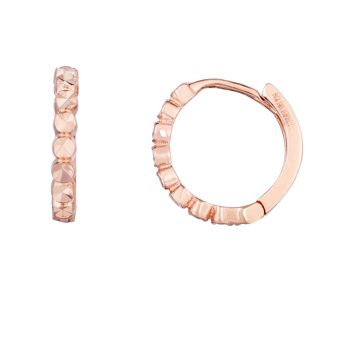14K Rose Gold Round Diamond Cut Huggie Earring, front view