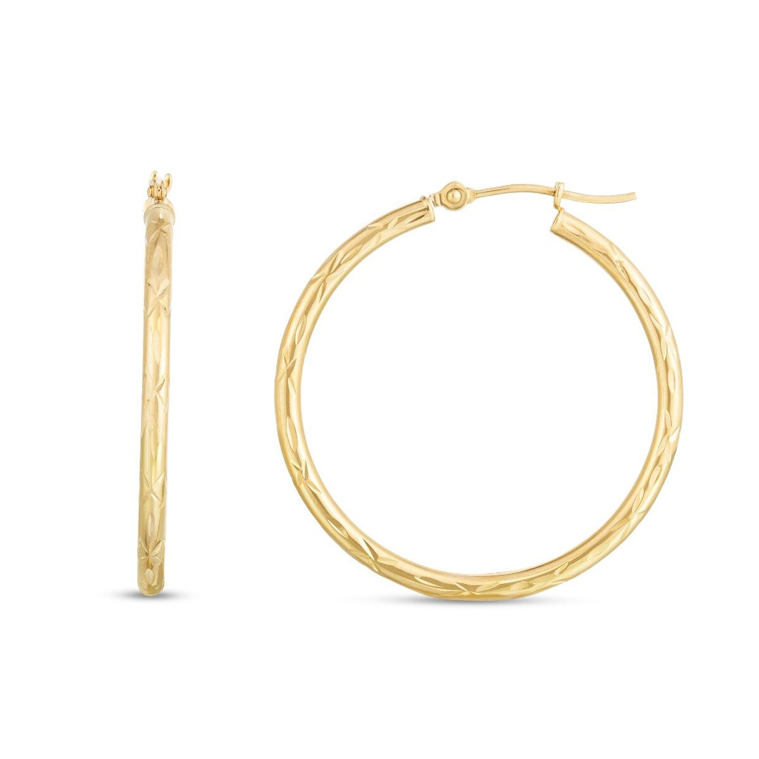 14K Round 2mm Diamond Cut Hoops, front view