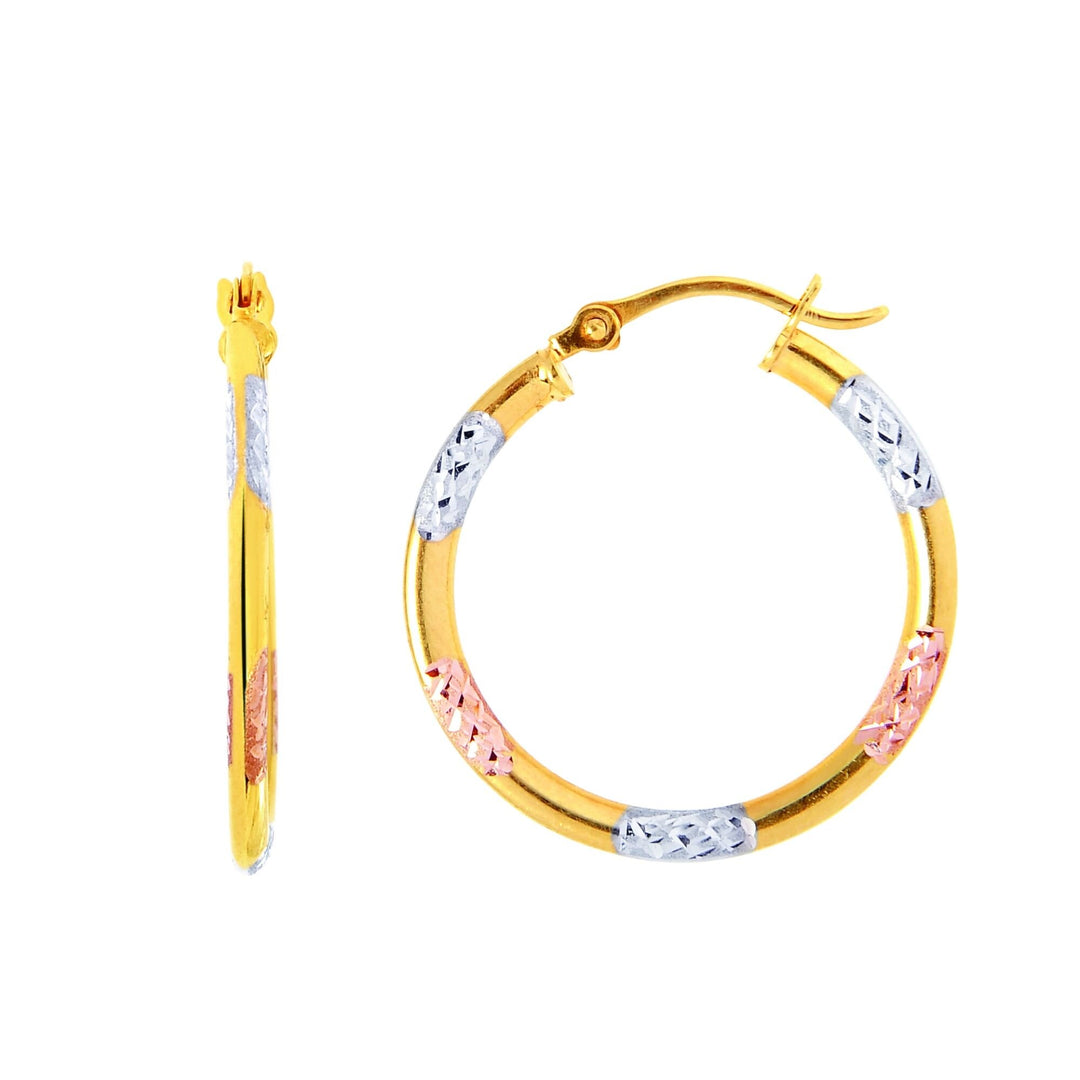 14K Tri-Color Gold 2x15mm Diamond Cut Station Hoop Earring, front view