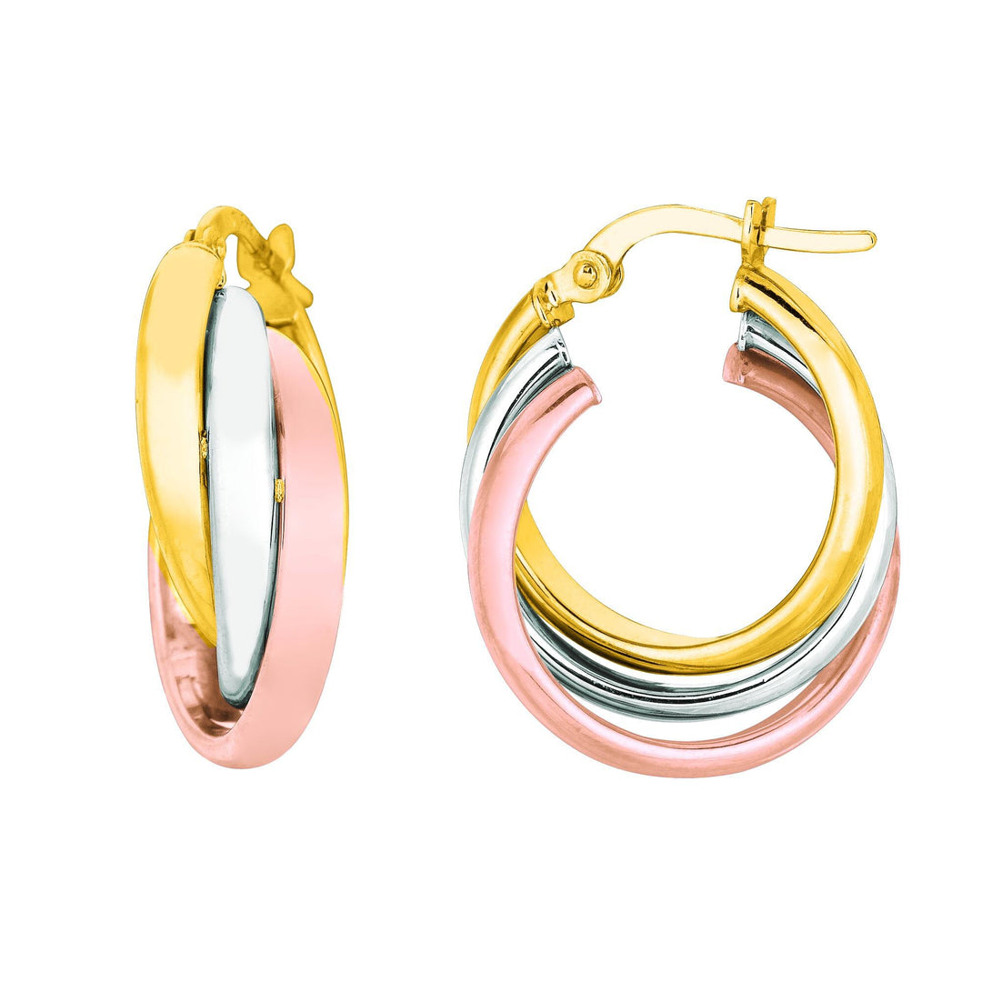 14K Tri-color Gold Polished Triple Row Hoop Earring, front view