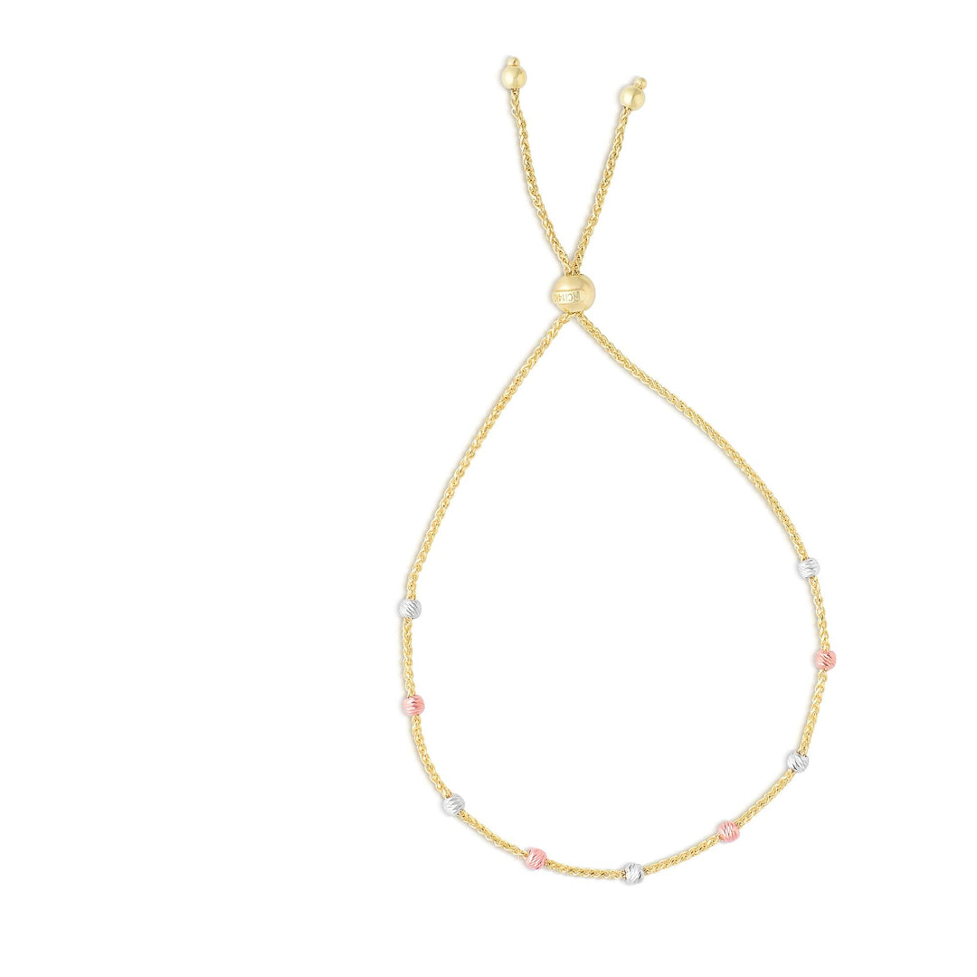 14K Tri-Color Gold Stationed Beads Friendship Bracelet, front view