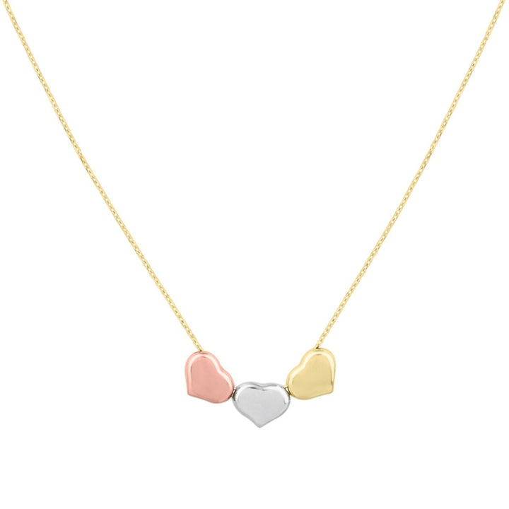 14K Tri-Color Gold Tri-Color Triple Heart Necklace, front view