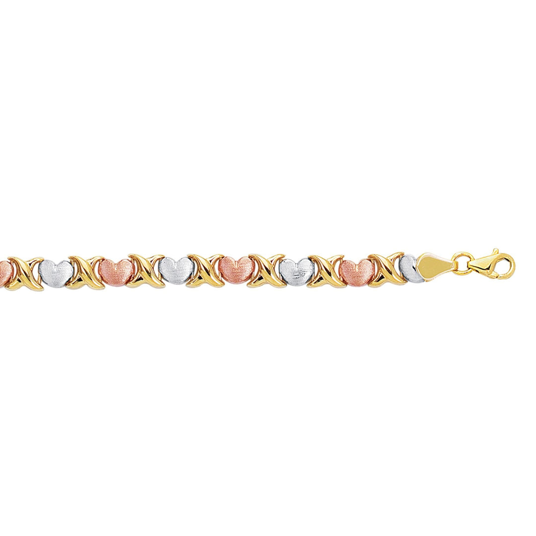 14K Tri-color Gold X & O Heart Stampato Bracelet, front view