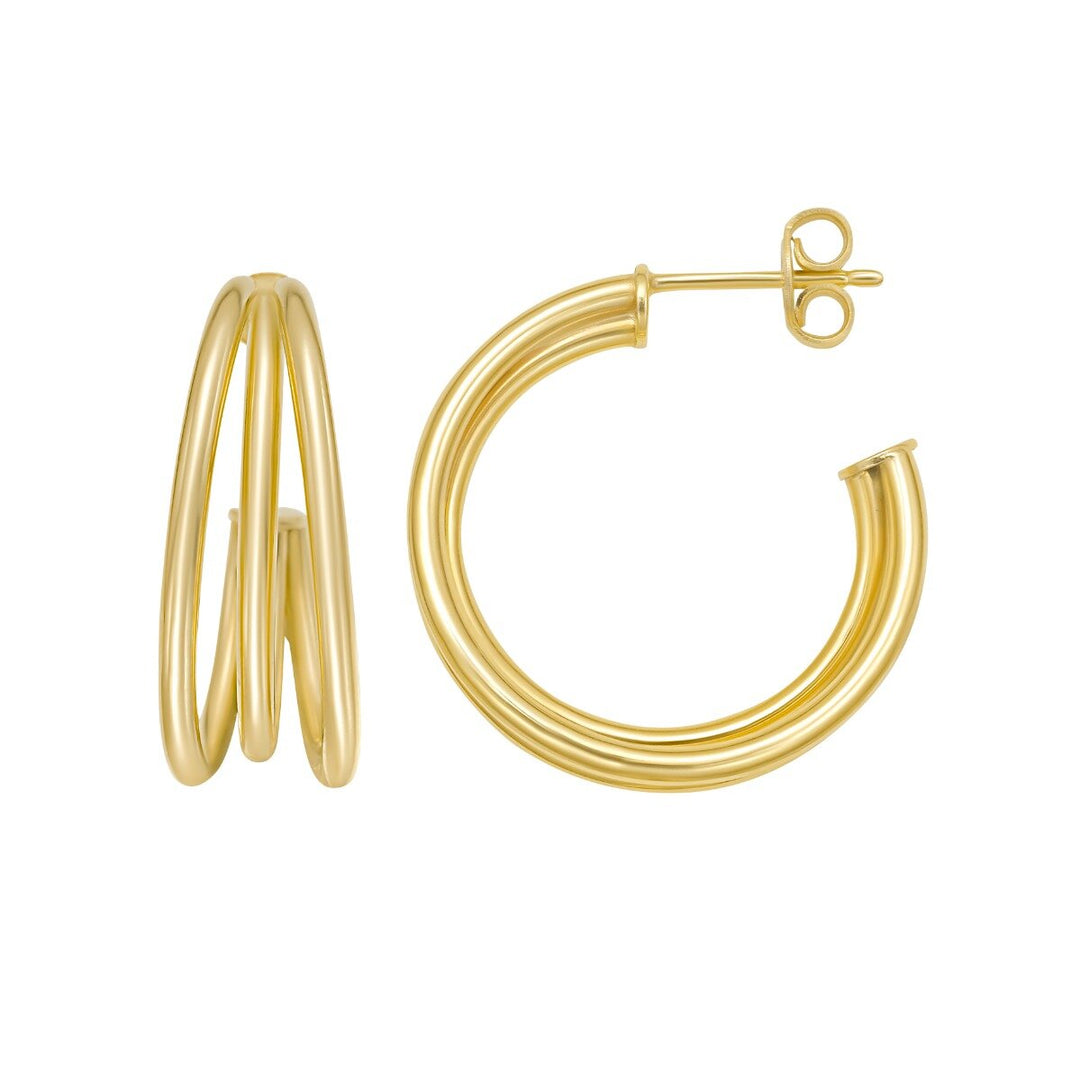 14K Triple Row C Hoop Earrings, front view