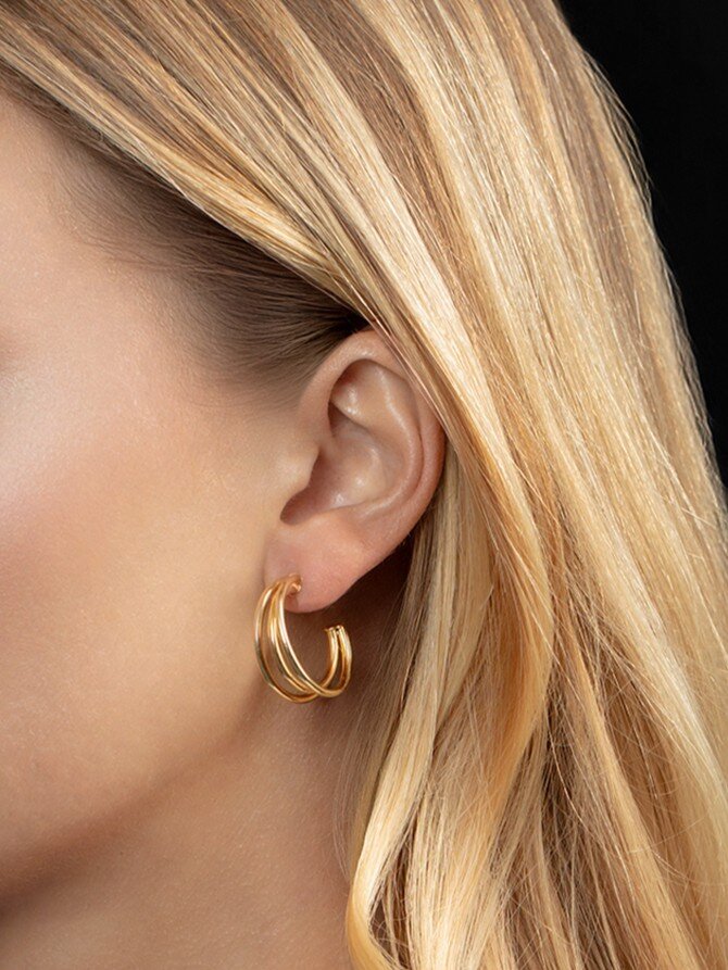 14K Triple Row C Hoop Earrings, view 4