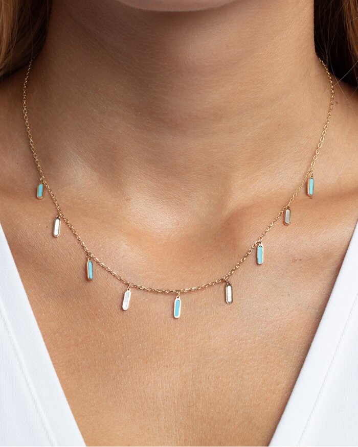 14K Turquoise & MOP Inlay Station Necklace, view 2