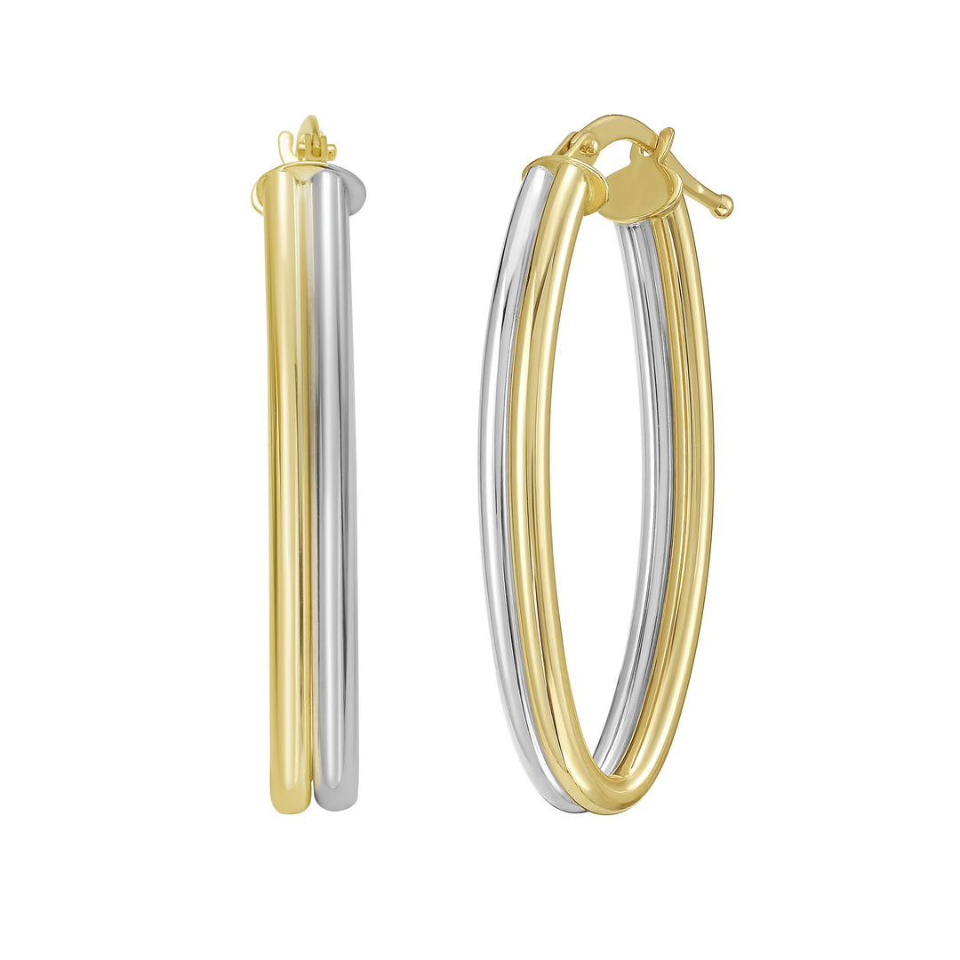 14K Two Tone Double Row Marquise Hoop Earrings, front view