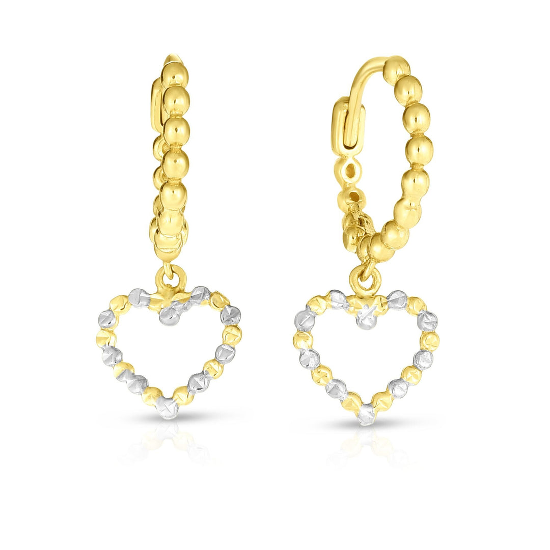 14K Two-Tone Gold Beaded Dangle Heart Drop Earring, front view