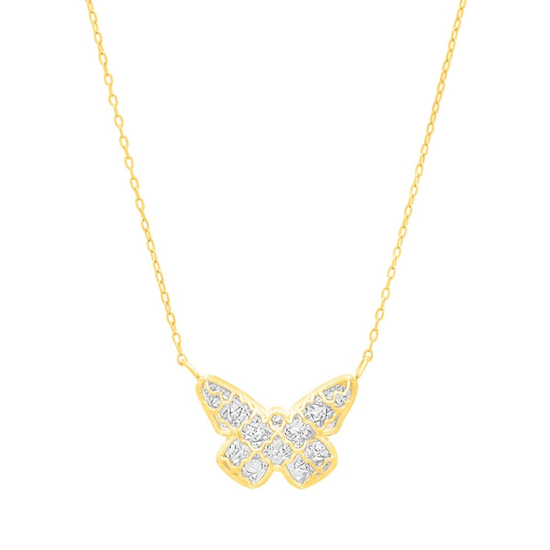 14K Two-Tone Gold Diamond Cut Checkered Butterfly Necklace, front view