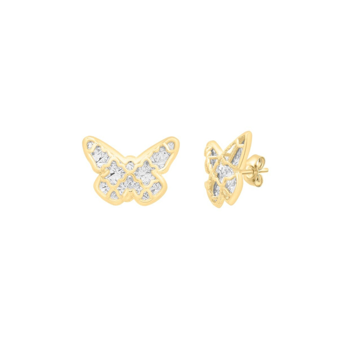 14K Two-Tone Gold Diamond Cut Checkered Butterfly Studs, front view
