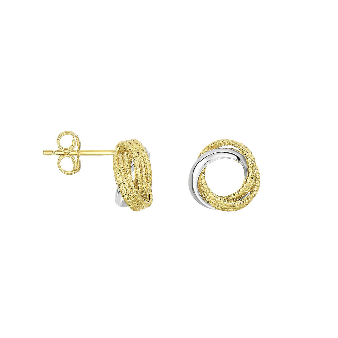 14K Two-Tone Gold Diamond Cut & Polished Open Center Love Knot Stud Earring, front view