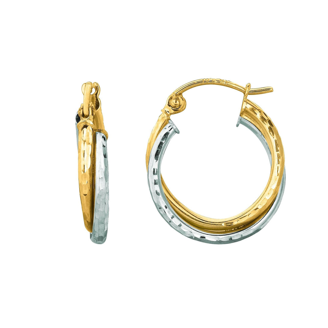 14K Two-Tone Gold Double Row Diamond Cut Hoop Earring, front view