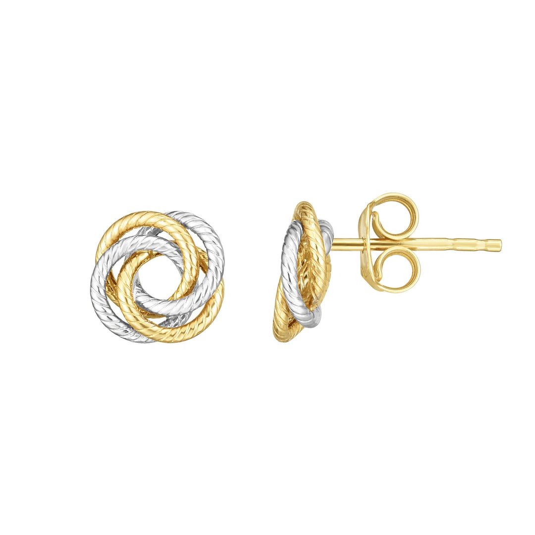 14K Two-Tone Gold Multi-Row, Open Center Love Knot Stud Earring, front view