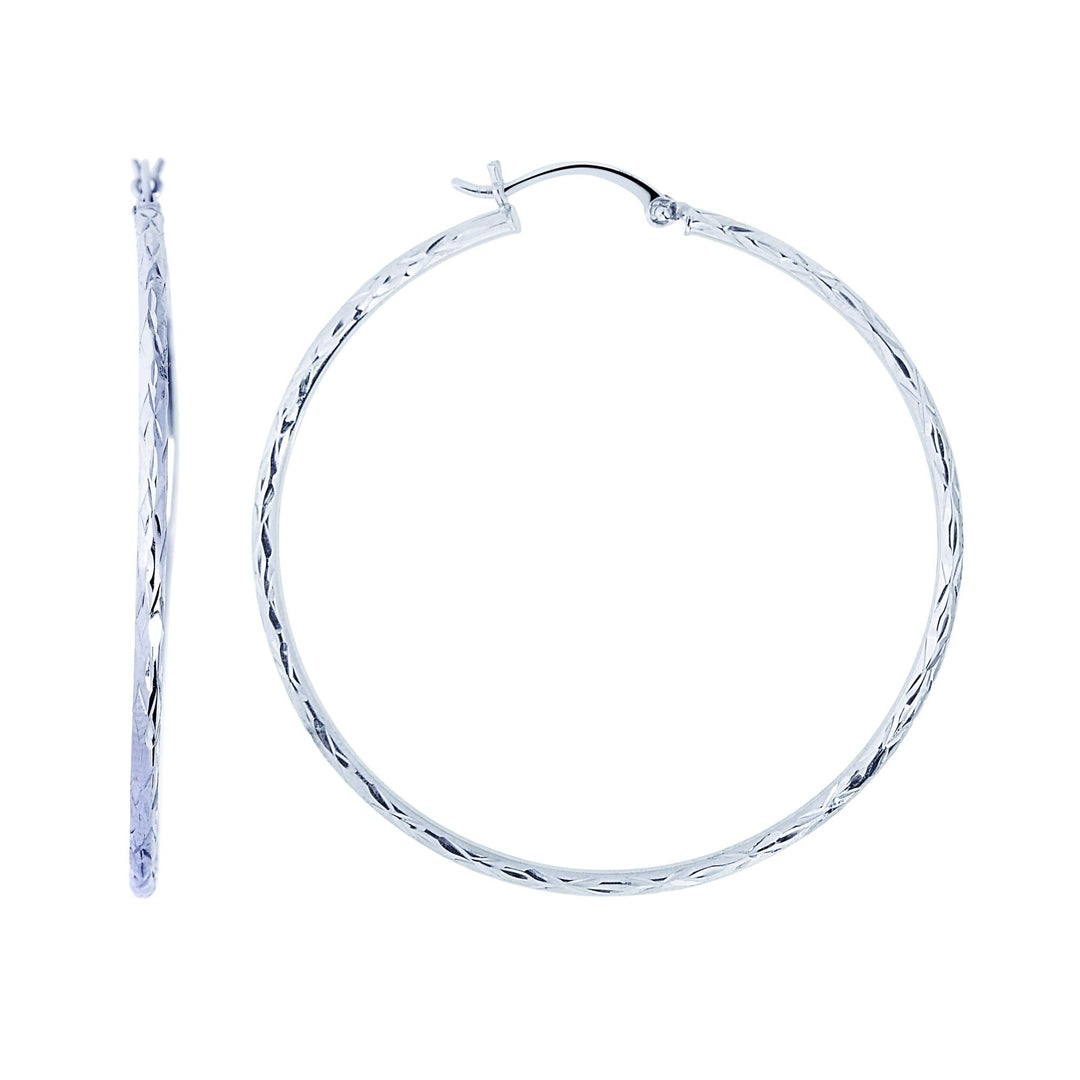 14K White Gold 2mm Diamond Cut Hoop Earring, front view